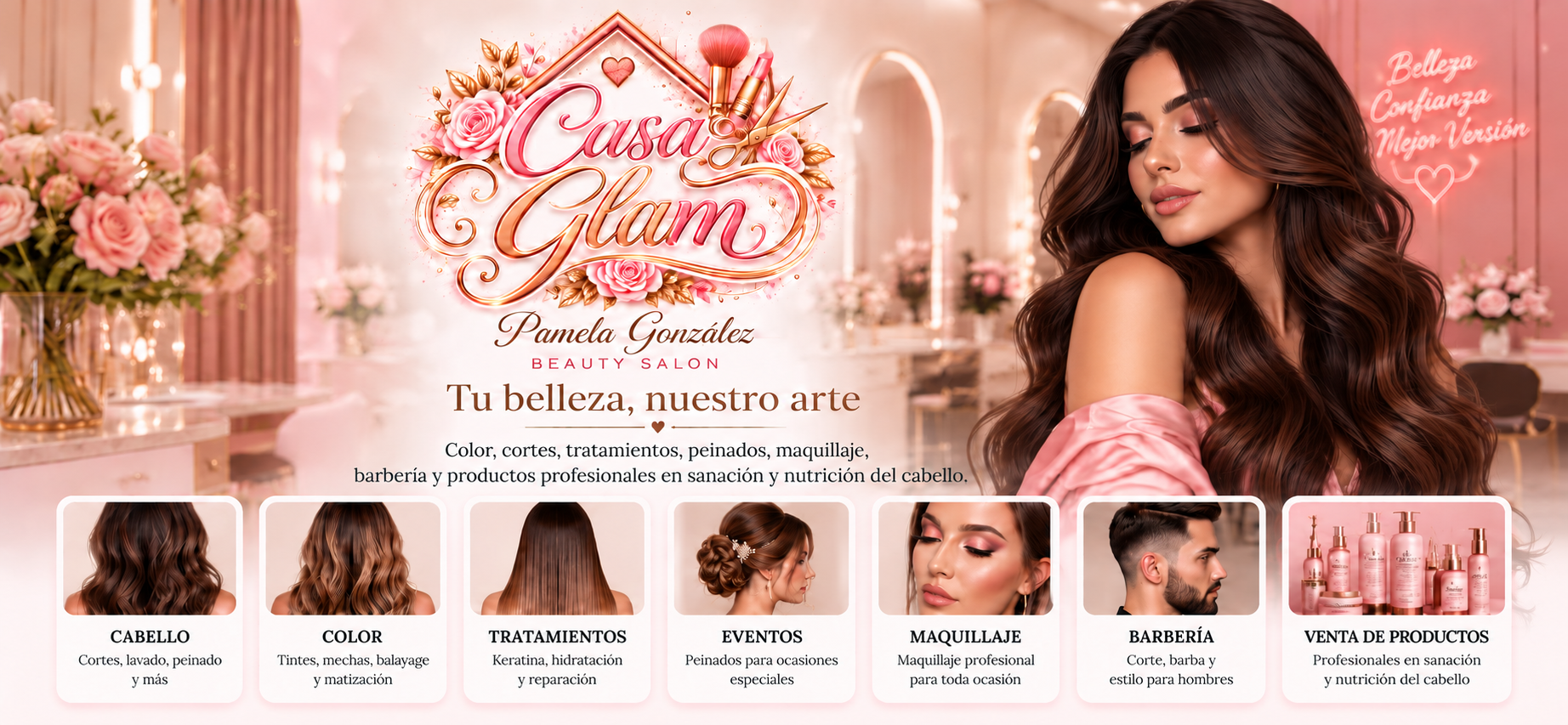 Casa Glam Beauty Salon — cabello, color, tratamientos, eventos, maquillaje, barbería y venta de productos profesionales